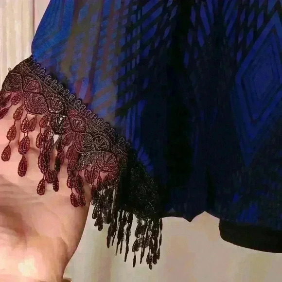 Alfani blouse blue black geo print tasseled sleeve size PL - Picture 3 of 7